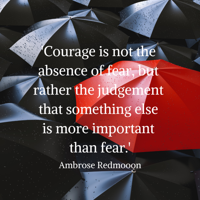 'Courage is not the absence of fear, but rather the judgement that something else is more important than fear.' Ambrose Redmoon.png